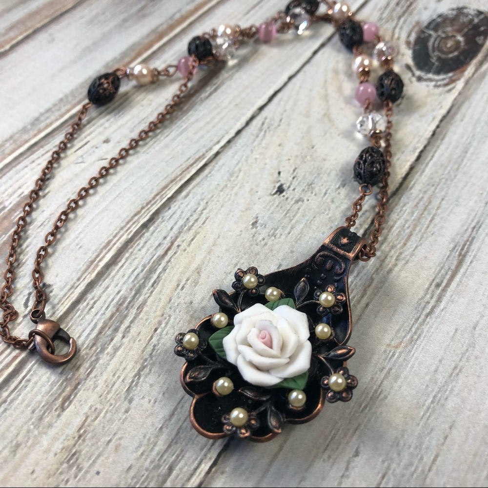 Handmade copper spoon necklace with white rose
